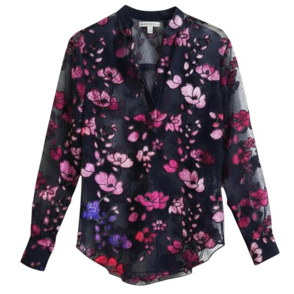 Alice + Olivia Velvet Flocked Sheer Chiffon Floral Blouse Black Size XS - Picture 1 of 13